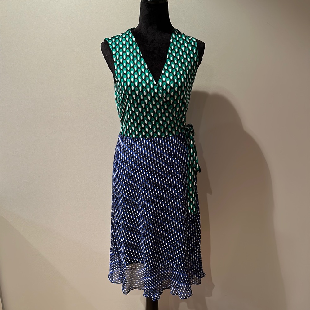 Diane Von Furstenberg Green and Blue Printed Wrap Dress